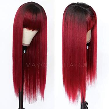 Imagem de Maycaur Perucas De Cabelo Sintético Vermelho Com Franja Completa, Preta, Ombré, Longa E Reta, Resistente Ao Calor, Sem Renda, Para Mulheres Da Moda