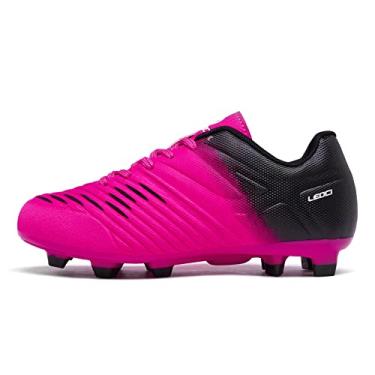Imagem de LEOCI Chuteiras de futebol para meninos chuteiras de futebol rosa respiráveis atléticas infantis pretas para uso ao ar livre, sapatos de futebol internos para meninas AG/FG, Vermelho rosa, 13 Little