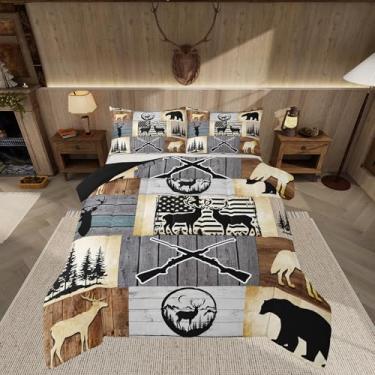 Imagem de Feelyou Conjunto de edredom de cabana rústica para crianças, adultos, animais de fazenda, urso preto, veado, tamanho king, edredom de urso de caça, conjunto de cama