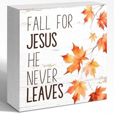 Imagem de WUZYOU Bíblia outono caixa de madeira sinal 12 x 12,2 cm, decoração de parede Fall For Jesus He Never Leaves bloco de madeira, decoração rústica de outono para casa, quarto, escritório, prateleira de