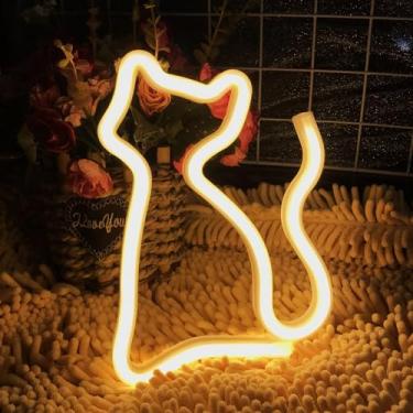 Imagem de Forma de gato branco quente e luzes de neon bonitas USB/AA bateria decoração de mesa LED na parede do quarto de uma menina para entusiastas de gato de estimação em uma loja de animais