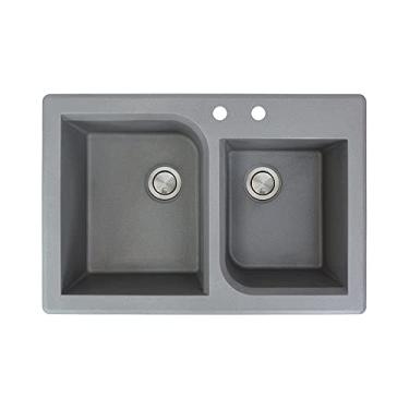 Imagem de Transolid RTDO3322-17-AB Raio Granito 2 Furos Pia de Cozinha com Tigela Dupla, 83,8 cm x 55,8 cm x 22,8 cm, Cinza
