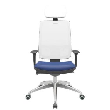 Imagem de Cadeira Office Brizza Tela Branca Com Encosto Assento Vinil Azul Autoc