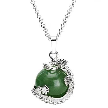 Imagem de JEWELRIESHOP Colar de dragão Chakra Reiki com pingente de cristal de cura para mulheres e homens, Pedra preciosa de aço inoxidável, ouro branco, Syn. Jade aventurina verde