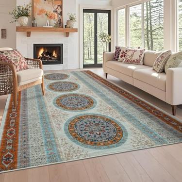 Imagem de GarveeHome Tapete de área vintage boho 20 x 25,4 cm, lavável, com suporte antiderrapante, ultrafino, resistente a manchas, cobertura de chão para sala de estar, quarto, escritório, sala de jogos