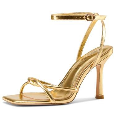 Imagem de HDEUOLM Sandália feminina de salto alto com tiras de salto alto, bico quadrado, tira no tornozelo, vestido de festa de formatura de 9 cm, Dourado, 40