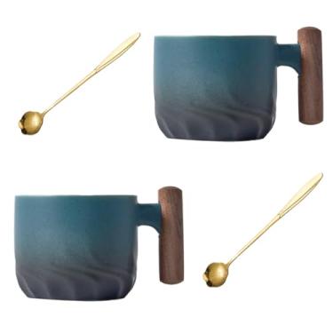 Imagem de Conjunto de colheres de xícara de chá pequenas de 65 g, xícaras de café expresso de cerâmica com cabo de madeira, mini xícaras de porcelana para café ou chá. (2 azul)