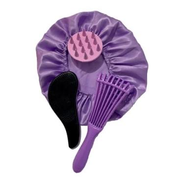 Imagem de Kit Escova Polvo 3 Peças, Escova Mágica com Massageador Capilar e Touca de Cetim, Cores Sortidas, para Cabelos Cacheados e Crespos (Lilás)