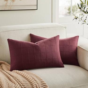 Imagem de ZeeMart Conjunto de 2 capas de almofada lombar xadrez de linho, bordô/creme, 30,5 x 50,8 cm, grade decorativa de fazenda de um lado bordado, capas de almofada de linho de algodão vermelho