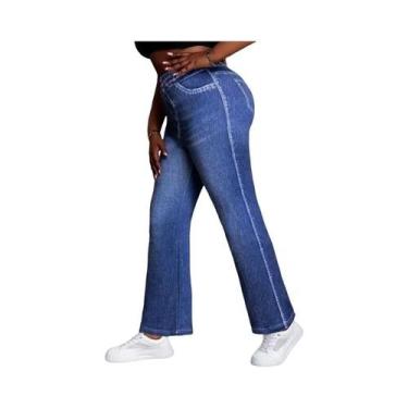 Imagem de Calças de Malha Plus Size com Estampa Jeans - Cintura Média e Alta Ela
