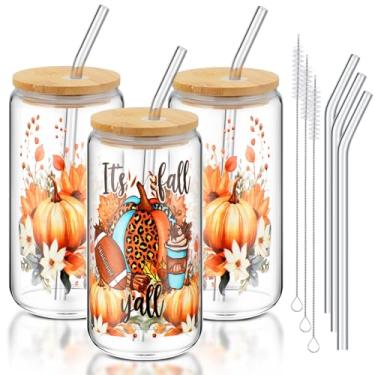 Imagem de Singhoow 3 peças de copos de vidro para presente de futebol americano de outono com tampas e canudos 473 ml copos transparentes de café gelado copos de vidro de Natal professores dia das mães presente