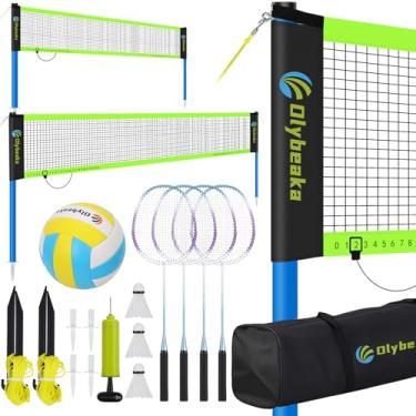 Imagem de Olybeaka Conjunto De Rede Portátil Para Vôlei E Badminton Praia No Quintal Com 2 Redes (6 9,7 M), Postes Ajustáveis, Poliuretano, Bolsa Transporte Raquetes Alumínio, Montagem Rápida Durável