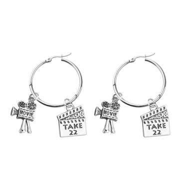 Imagem de FEELMEM Brincos com pingente de câmera de filme, cineasta, círculo, brincos de argola, joias de cinema, presentes de diretor de filme, presente de estudante, 1, Aço inoxidável, liga metálica, 1