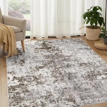 Imagem de DMOYEST Tapetes para sala de estar – 12,5 x 20,3 cm, abstrato, grande, macio, lavável, neutro, moderno, tapete baixo para quarto, sala de jantar, casa de fazenda, escritório em casa - marrom escuro