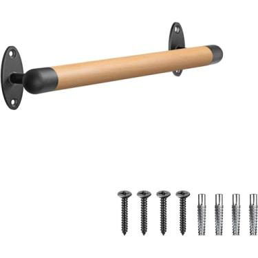 Imagem de SELEWARE Corrimão de madeira de 40,64 cm corrimão de escadas internas corrimão de montagem na parede com barckets de metal resistente, barra de apoio de escada sem barreiras para idosos, redondo de 3,5 cm