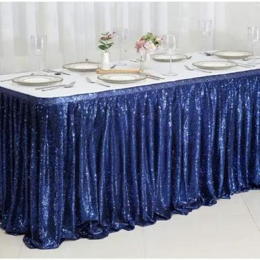 Imagem de Saia de mesa longa com lantejoulas em tom blush, saia de poliéster para decoração de festas e eventos de casamento, azul marinho, 6,4 m de comprimento