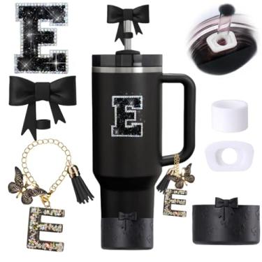 Imagem de Conjunto de 6 peças de acessórios para copos Stanley Pretos, Topper de canudo com laço para Stanley Cup 850 g 1,134 g, incluindo cobertura de palha e bota de silicone com laço, tampas à prova de