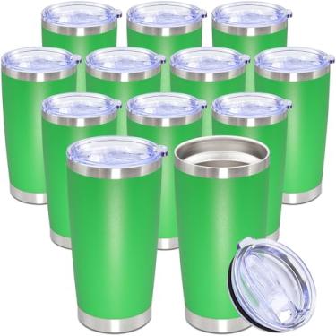 Imagem de Copo de 590 ml de aço inoxidável a granel com tampa, caneca de viagem de parede dupla isolada a vácuo, durável, revestida em pó, caneca para bebidas quentes e frias, verde, pacote com 12