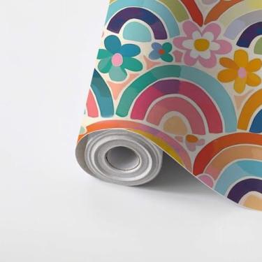 Imagem de Papel de parede Peel and Stick Boho baby summer peculiar arco-íris padrão sem costura moderno groovy autoadesivo papel de parede papel de parede amigável para locatário papel de parede para cozinha