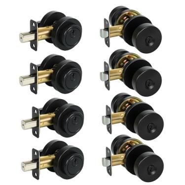 Imagem de Fechadura de cilindro único com chaves, fechaduras de porta semelhantes com chave para porta da frente (preto fosco, conjunto com 4)