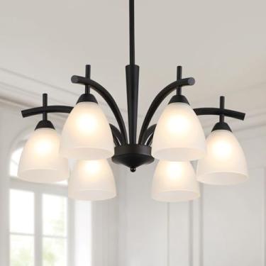 Imagem de Q&S Lustre de vidro fosco preto moderno para casa de fazenda rústica luminárias de cozinha 6 luzes para sala de jantar, sala de estar, hall de entrada, quarto, listado pela UL D64 cm