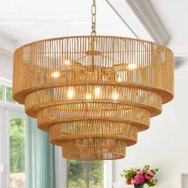 Imagem de YOMECOO Lustre de vime grande de 65 cm vintage com 8 luzes de fazenda boho tecido à mão lustre de bambu luminária retrô tambor vime lustres dourados para sala de jantar, cozinha, quarto, E12
