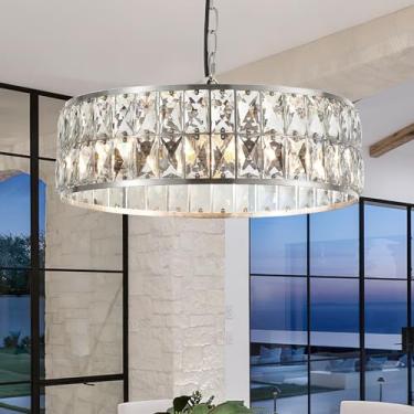 Imagem de Salaiwei Lustres de cristal modernos de 40,6 cm 4 luzes de níquel para sala de jantar, luminária pendente redonda lustre de ilha de cozinha, luz de teto de montagem embutida para sala de estar entrada