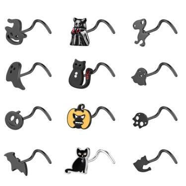 Imagem de ZS Anel de nariz hipoalergênico de aço inoxidável 20G - Halloween morcego caveira abóbora em forma de L parafuso de rolhas prata preto piercing de narina joia para mulheres e homens (A: preto