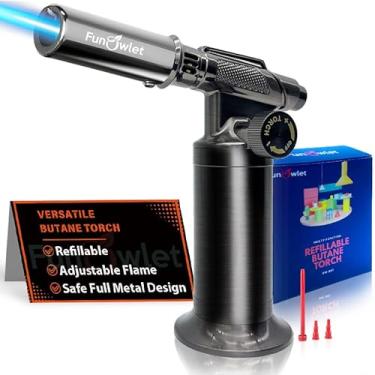 Imagem de FunOwlet Isqueiro recarregável de butano, tochas de sopro de solda de metal premium com chama de precisão ajustável para cozinha culinária, creme brulee, soldagem industrial faça você mesmo - gás não
