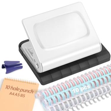 Imagem de Hoqqf Máquina de encadernação de 10 furos para planejadores com 10 anéis multicoloridos, 30 furos em A4, 20 furos em A5, 26 furos em B5, capacidade para 10 folhas (branca)