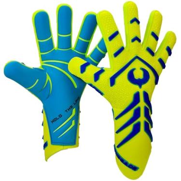 Imagem de Renegade GK Luvas de goleiro profissionais sem alças Apex Xtreme | Punho de contato EXT de 4 mm | Luvas de goleiro de futebol amarelo e azul neon (tamanho 7, juvenil, corte Evo Neg, nível 5,5)