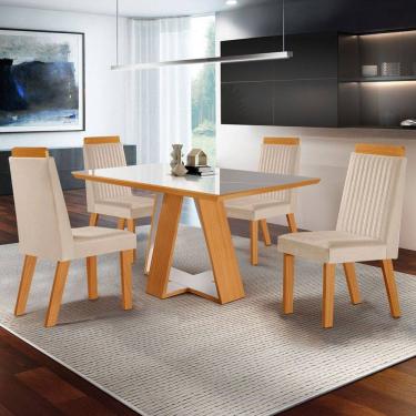 Imagem de Mesa de Jantar 4 Lugares Viena com Vidro Castanho Cinamomo/Suede Creme - Lj Móveis