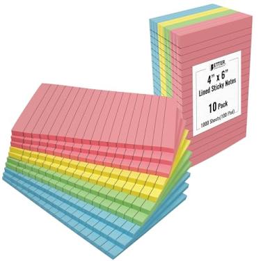 Imagem de Notas adesivas forradas, 10 x 15 cm, pacote com 10, 500 folhas (50/bloco), notas autoadesivas com linhas, 4 cores pastéis sortidas, da Better Office Products, Post Memoros, adesivo forte, 10 blocos