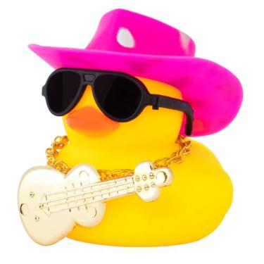 Imagem de wonuu Decoração de painel de carro pato de borracha, ornamentos de patos de carro com mini pontos chapéu de cowboy colar óculos de sol guitarra (rosa prata)