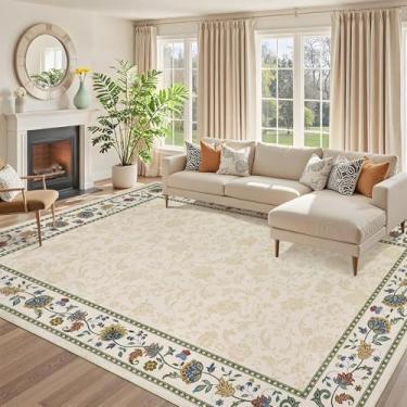 Imagem de GlowSol Tapete floral de 22 x 30 cm para borda de sala de estar com suporte de borracha antiderrapante, tapete lavável resistente a manchas, revestimento de piso macio que não cai, tapete neutro de