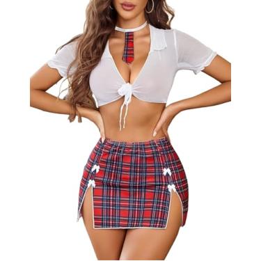 Imagem de Avidlove Conjunto de lingerie para mulheres, roupas de colegial, fantasia de malha transparente e minissaia com tanga, Branco e vermelho, GG