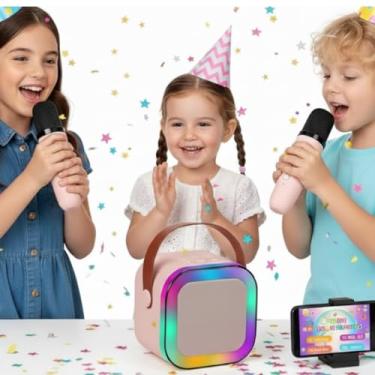 Imagem de CAIXINHA DE SOM BLUETOOTH KARAOKÊ 2 MICROFONES SEM FIO LUZES LED DINÂMICA CAIXA DE SOM IDEAL PARA FESTAS CRIANÇAS E ADULTOS MENINOS E MENINAS