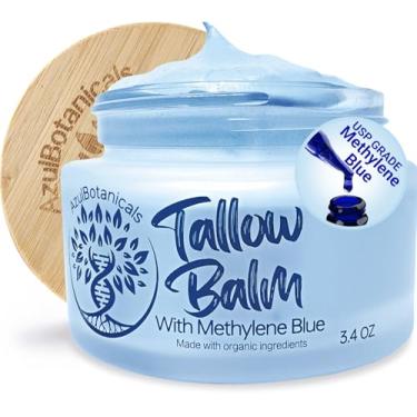 Imagem de Bálsamo de sebo bovino alimentado com capim chicoteado com azul de metileno para pele saudável, antienvelhecimento, hidratante de corpo inteiro, estrias, rosácea, psoríase, eczema, acne, todos os