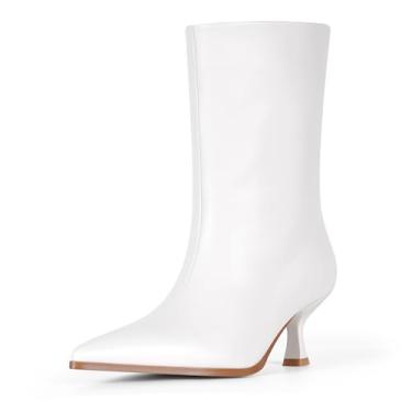 Imagem de Botas femininas de cano médio com salto gatinho – Botas pretas de bico fino em couro sintético liso, estilo minimalista elegante para outono e inverno, Branco, 36