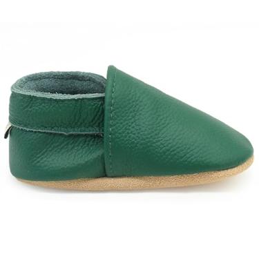 Imagem de OWLOWLA Sapatos de couro com sola macia para berço de primeira caminhada, mocassins para bebês pré-andadores para meninos e meninas, Verde escuro, 12-18 Months Toddler