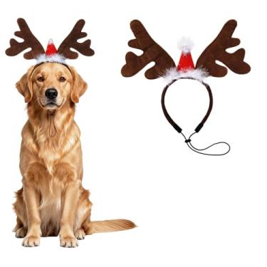 Imagem de Haakong Faixa de cabeça de chifres de rena de alce de cachorro com chapéu de Papai Noel para festa de Halloween e Natal, acessórios de fantasia