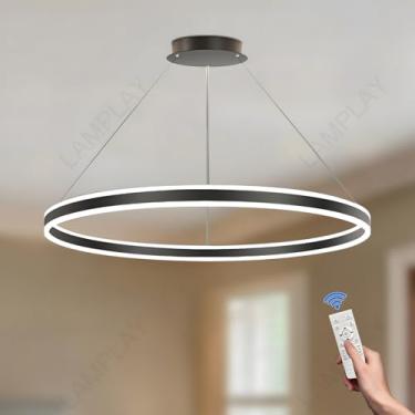 Imagem de Luminária pendente LED redonda regulável, lustre moderno preto com controle remoto e altura ajustável de 3000K 6000K, luminária de teto para hall de entrada, sala de estar, quarto, sala de j