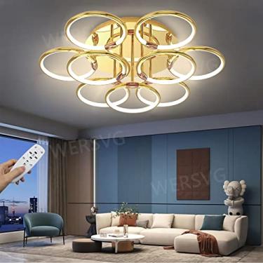 Imagem de Luminária de teto LED moderna regulável com design de anel de controle remoto, luminária de sala de estar dourada, iluminação de teto de alumínio e acrílico para sala de estar, quarto, cozin