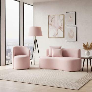 Imagem de Conjunto 01 Poltrona + Sofá Curvo Orgânico Nature Gaia Veludo Rosê - M