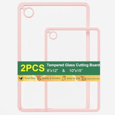 Imagem de DomestiCore Tábua de corte de vidro temperado para cozinha com ranhura de suco, bordas de silicone antiderrapantes, não tóxicas e seguras para lava-louças com orifício para pendurar (2 peças rosa)