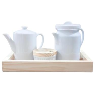 Imagem de Jogo Café e Chá, Bandeja + Bule Bico longo 800ml + Bule cafeteira 1,1L + Açucareiro Ramequim 250ml - Porcelana Branca