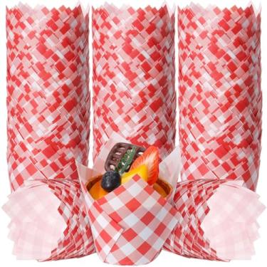 Imagem de Maxdot 200 peças de forros de cupcake de tulipa vermelha guingão para assar muffin de papel xadrez, forros de tulipa quadriculada, forros de muffin para decoração de Natal, casamento, festa de