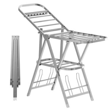 Imagem de CUTPOIY Arejador de roupas de chão com altura ajustável, asas de aço inoxidável, grande, dobrável, escorredor de roupas, cavalo, para acampamento em casa, varanda (160 cm + polia + quebra-vento)