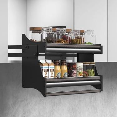 Imagem de Organizador prático de armário suspenso com prateleira superior de cozinha, prateleira inferior deslizante profunda, sistema de prateleira para pratos e especiarias montado na parede, adequado para