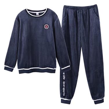 Imagem de ifgswopq Conjunto de pijama masculino de flanela manga comprida com calça conjuntos de roupa de dormir casual quente grosso para homens (azul X)